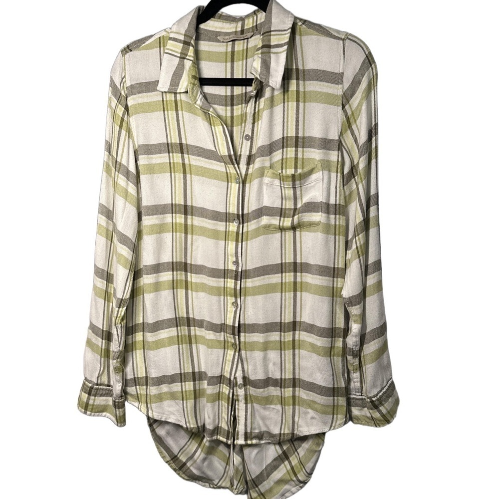 SOFT SURROUNDINGS Size M Green Brown Plaid Rayon Flannel Hi Lo Shirt Button Back